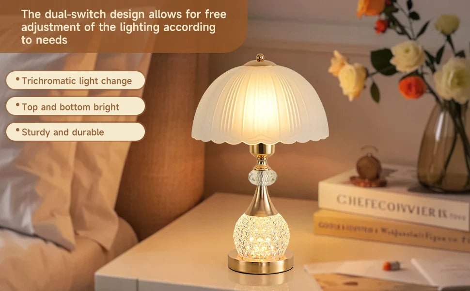 Bedside Table Lamp Petal Light Luxury Crystal Push Button Switch Bedroom Living Room Den Control Dimming Warm Atmosphere Decorat