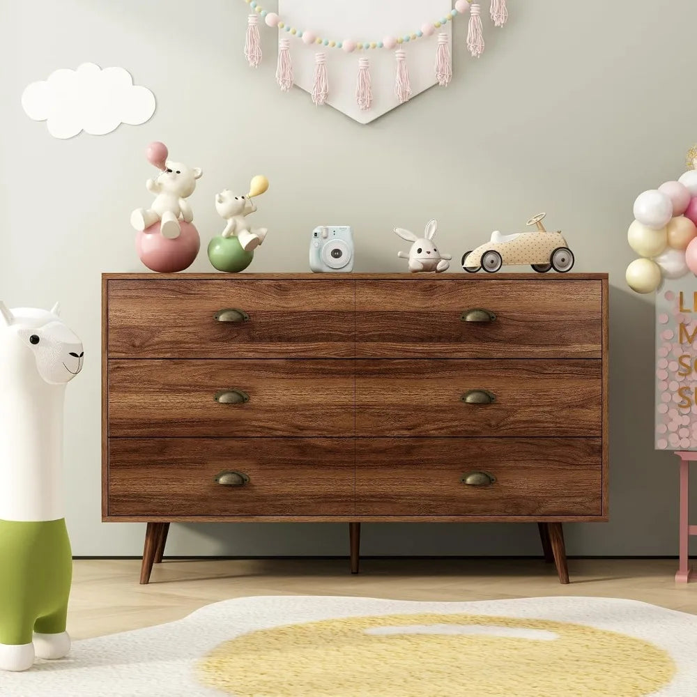 Walnut Brown Dresser  6 Drawer with Wide Drawers and Metal Knob