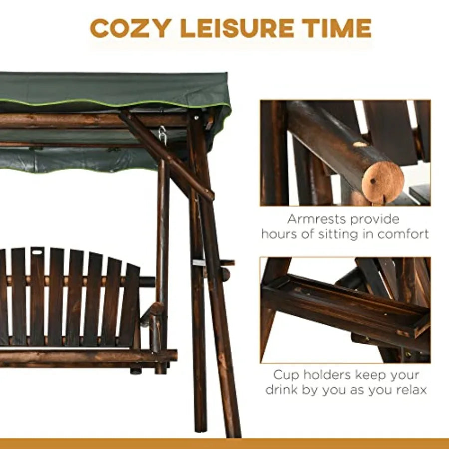 2Person Patio Swing Chair  Wooden Porch Bench Loveseat with Adjustable Canopy and Side Trays for Garden Poolside