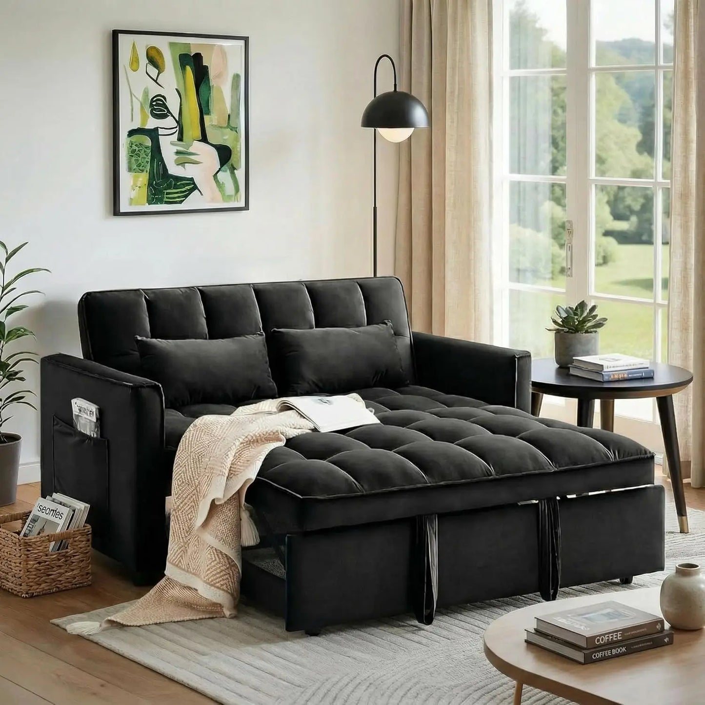 Convertible Sleeper Sofa Bed, 54'' Loveseat with Adjustable Backrest, Velvet Fabric,