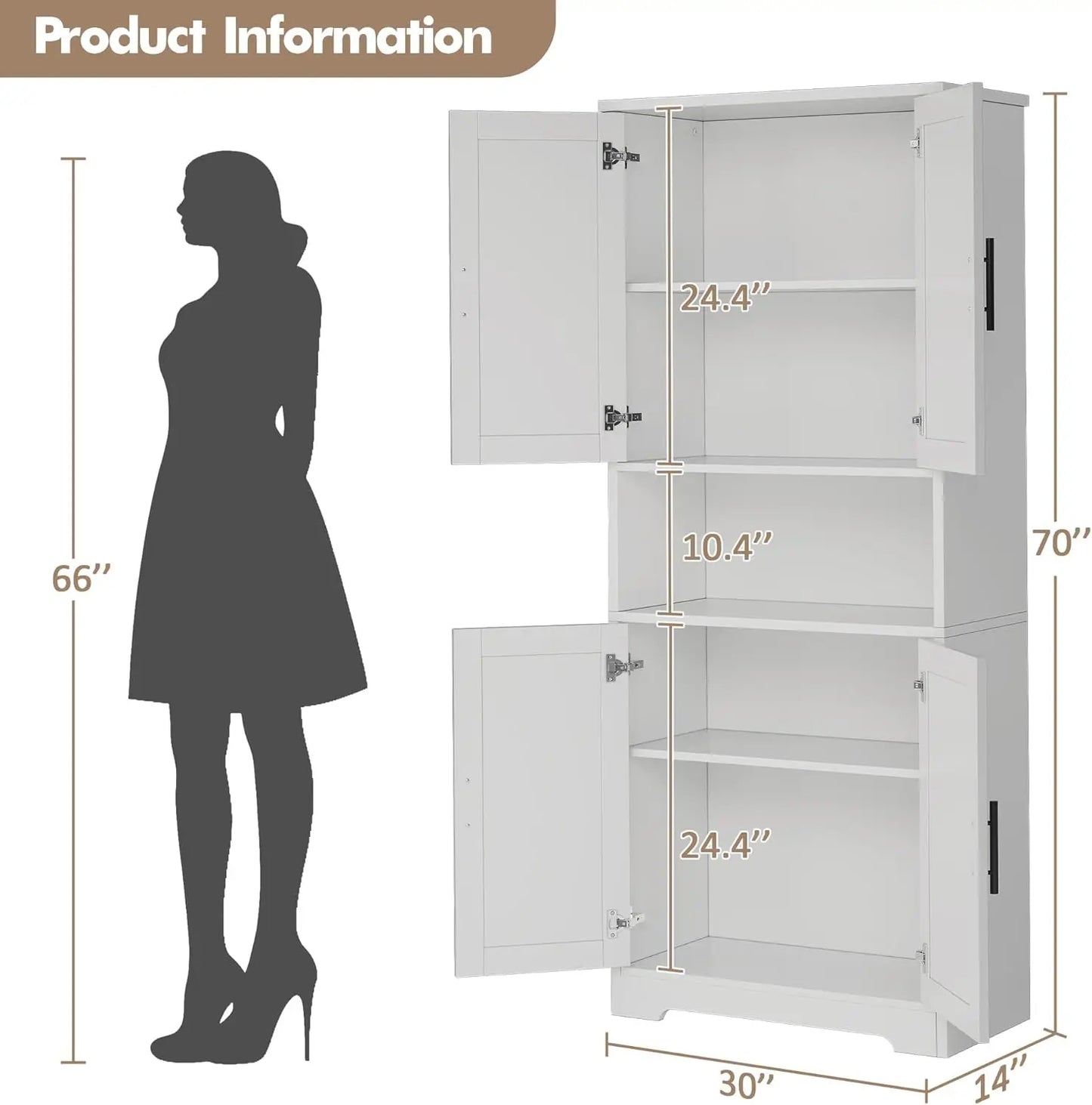 70 Inch Tall Kitchen Pantry Cabinet, Freestanding Storage Cabinet with 4 Doors and Adjustable Shelves,