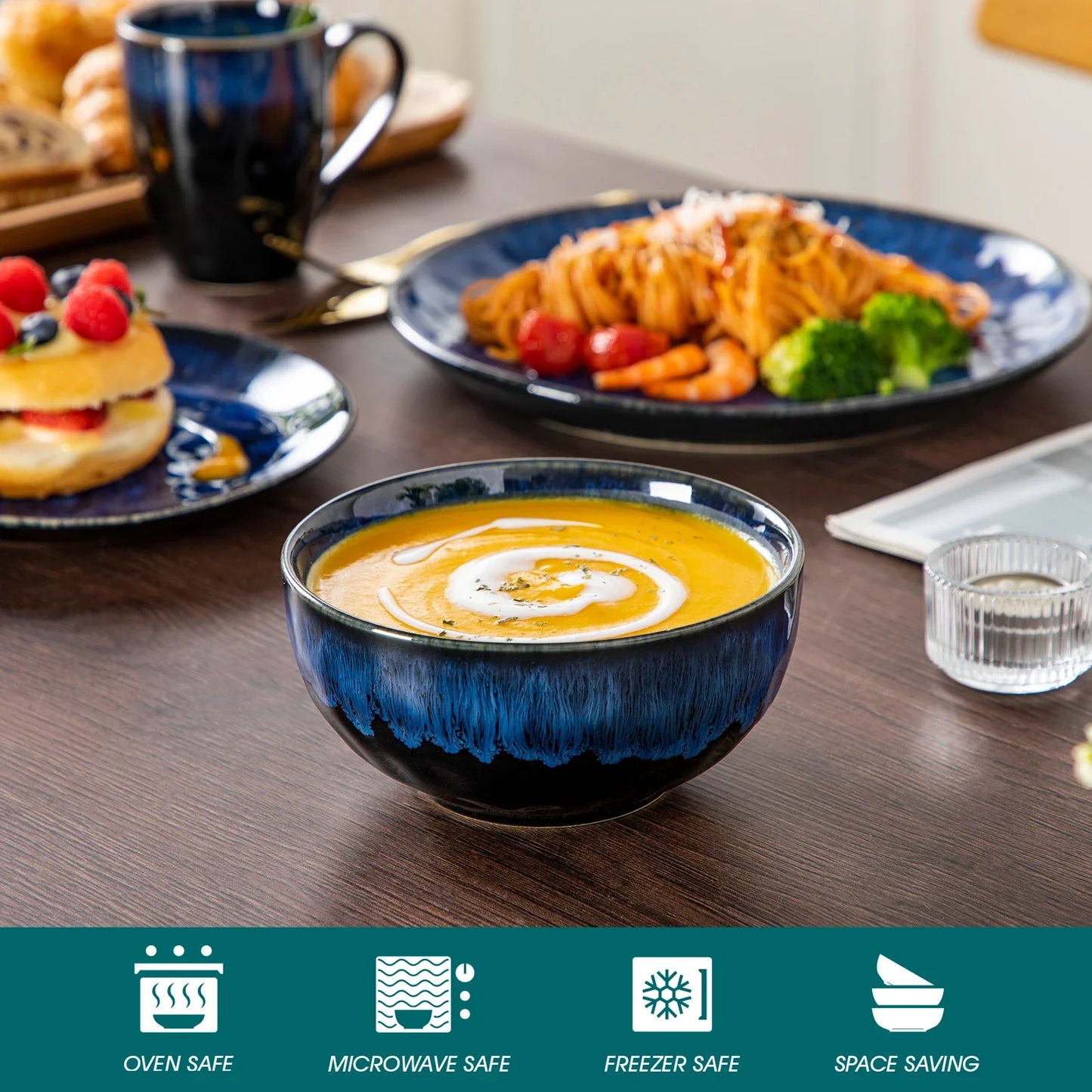 vancasso 16/32/48-Piece Starry Blue Dinner Set with Dinner Plate,Dessert Plate,Bowl,Mug