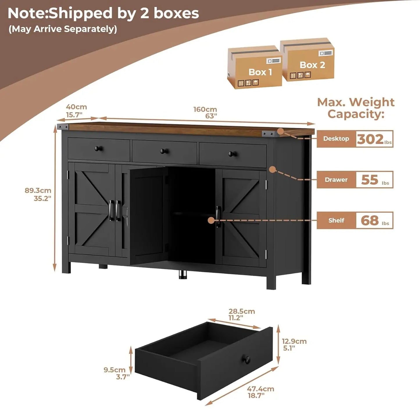63" Sideboard Buffet Cabinet with Storage, Coffee Bar with 3 Drawers and 4 Barn Doors,