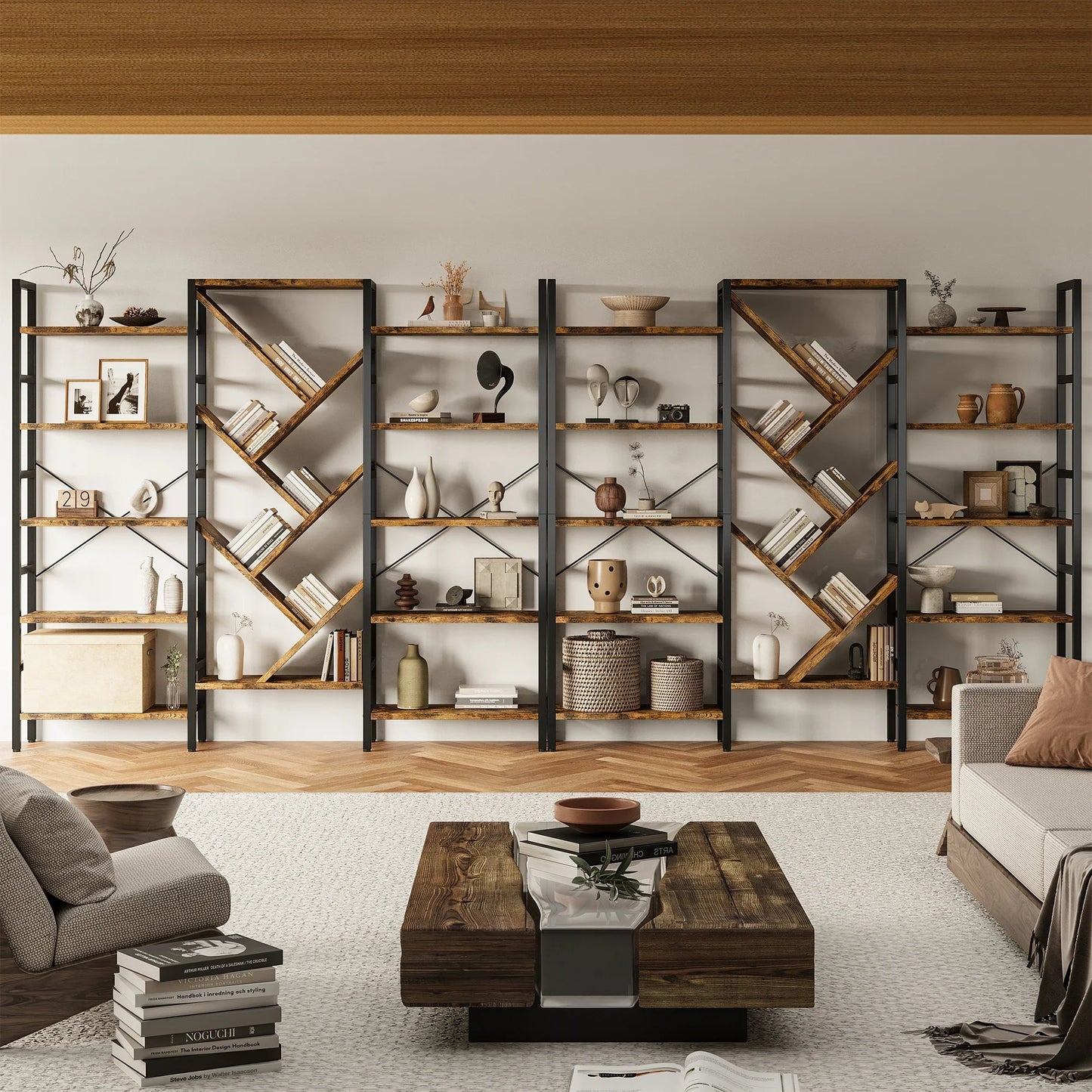 Triple 5 Tier Bookshelf, Large Wooden Bookcase with 17 Open Display Shelves Metal Frame