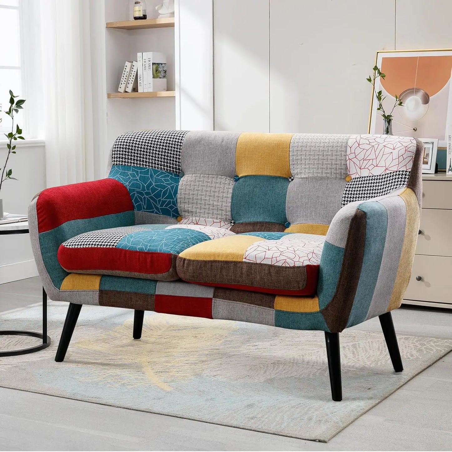 Modern Boho Loveseat Couch for Living Room Bedroom, Upholstered Colorful Plaid Fabric