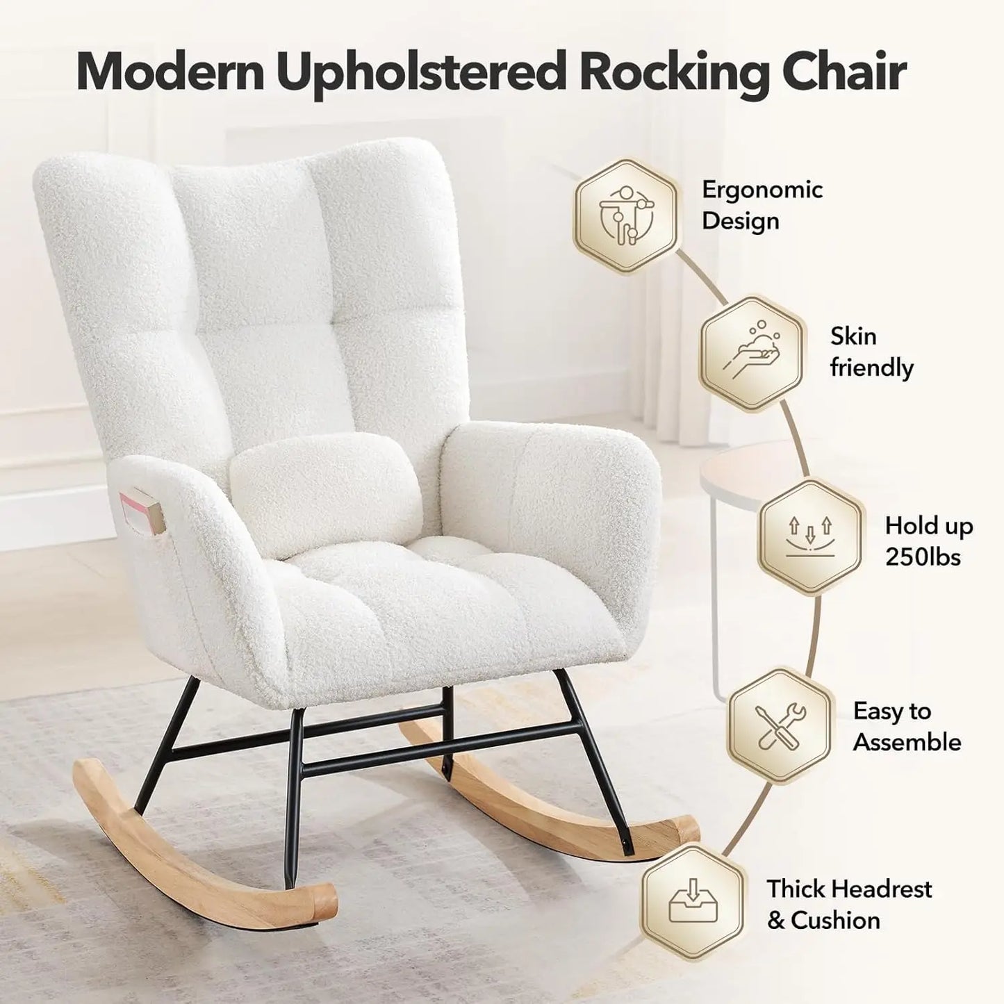 Modern Upholstered Nursery Rocking Chairs, with Side Pocket High Back Teddy Boucle  4 colors