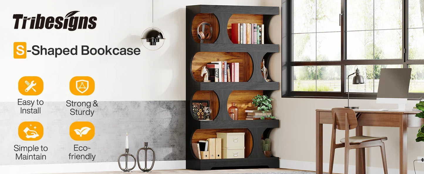 Tribesigns 71" Tall Bookcase, 4-Tier S-Shaped Bookshelf, Wood Modern Freestanding Display Shelves