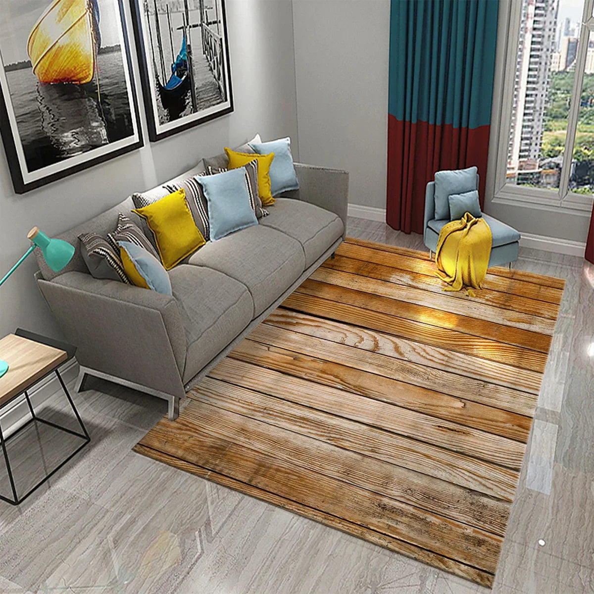 Rectangular Staggered 3d Planks Carpet Geometric Wood Grain Non-Slip Floor Rug