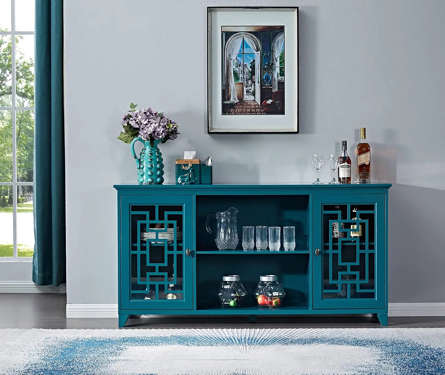 60”W Blue Console Table  Wood Sideboard with Adjustable Shelves and Doors,