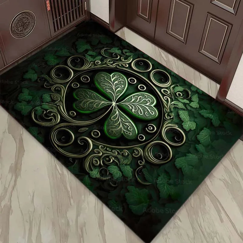 Elegant Shamrock Rug for Living Room -Celtic Knots and Green Leaves Design,