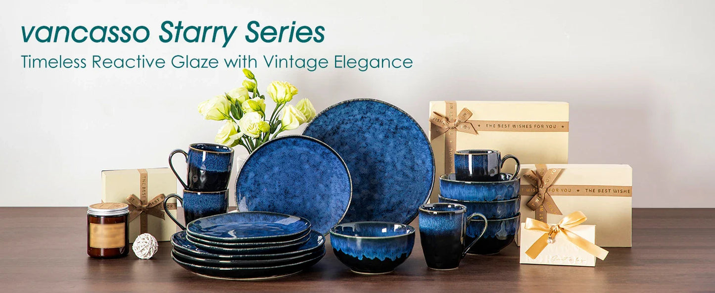 vancasso 16/32/48-Piece Starry Blue Dinner Set with Dinner Plate,Dessert Plate,Bowl,Mug