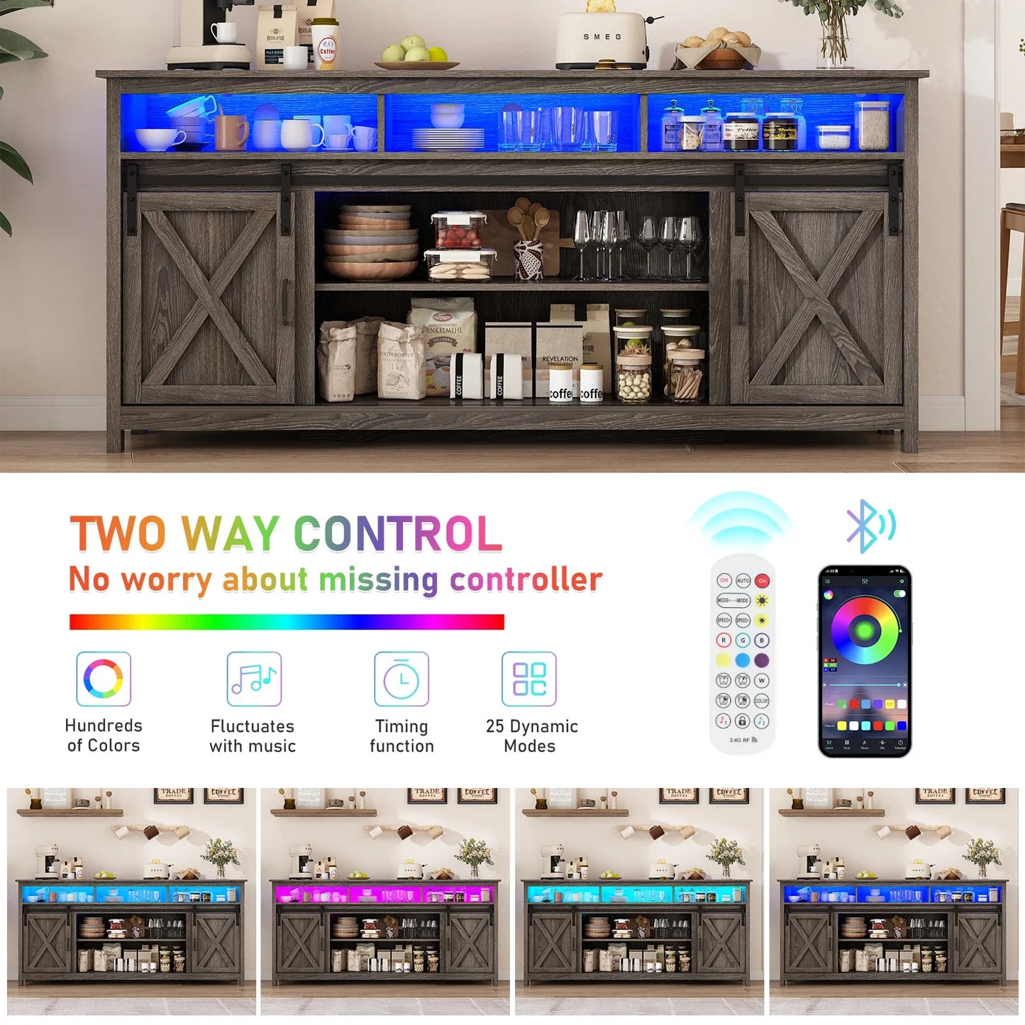 TV Stand Farmhouse Coffee Bar Cabinet Rustic Sliding Barn Door Cabinet with Power Outlet & LED Light