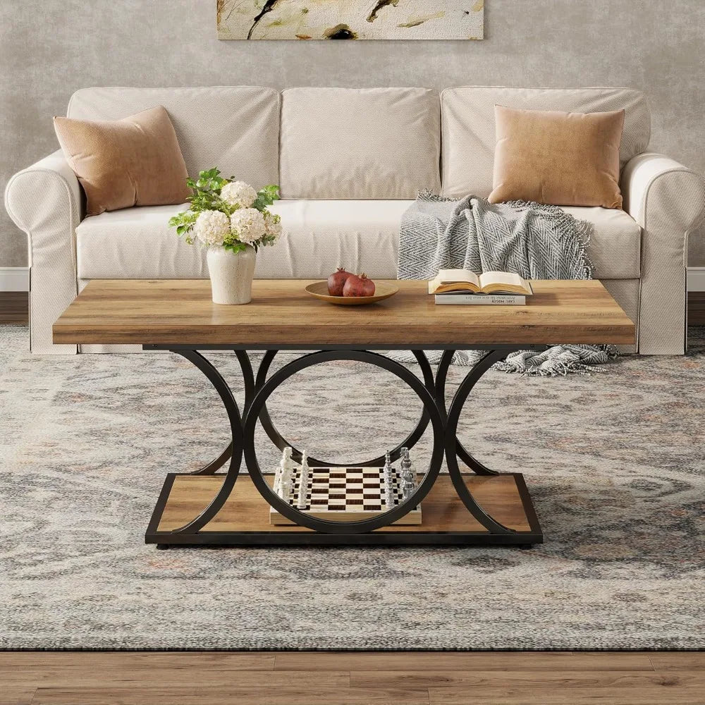 47" Rustic Farmhouse Coffee Table - 2-Tier Wooden Rectangle Center Table
