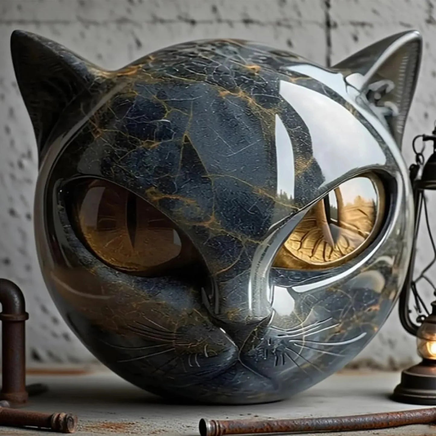 Decorative Black Cat Stone Figurine Resin Cat Head