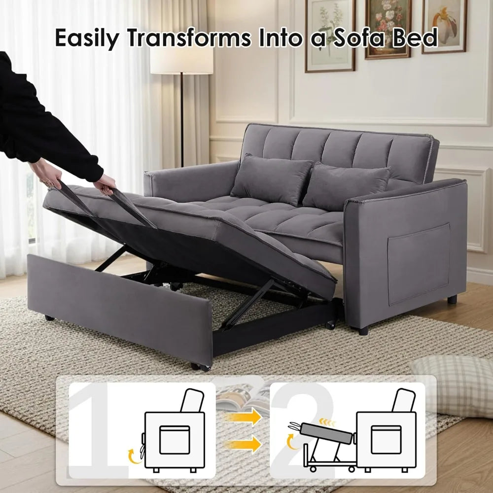 Convertible Sleeper Sofa Bed, 54'' Loveseat with Adjustable Backrest, Velvet Fabric,