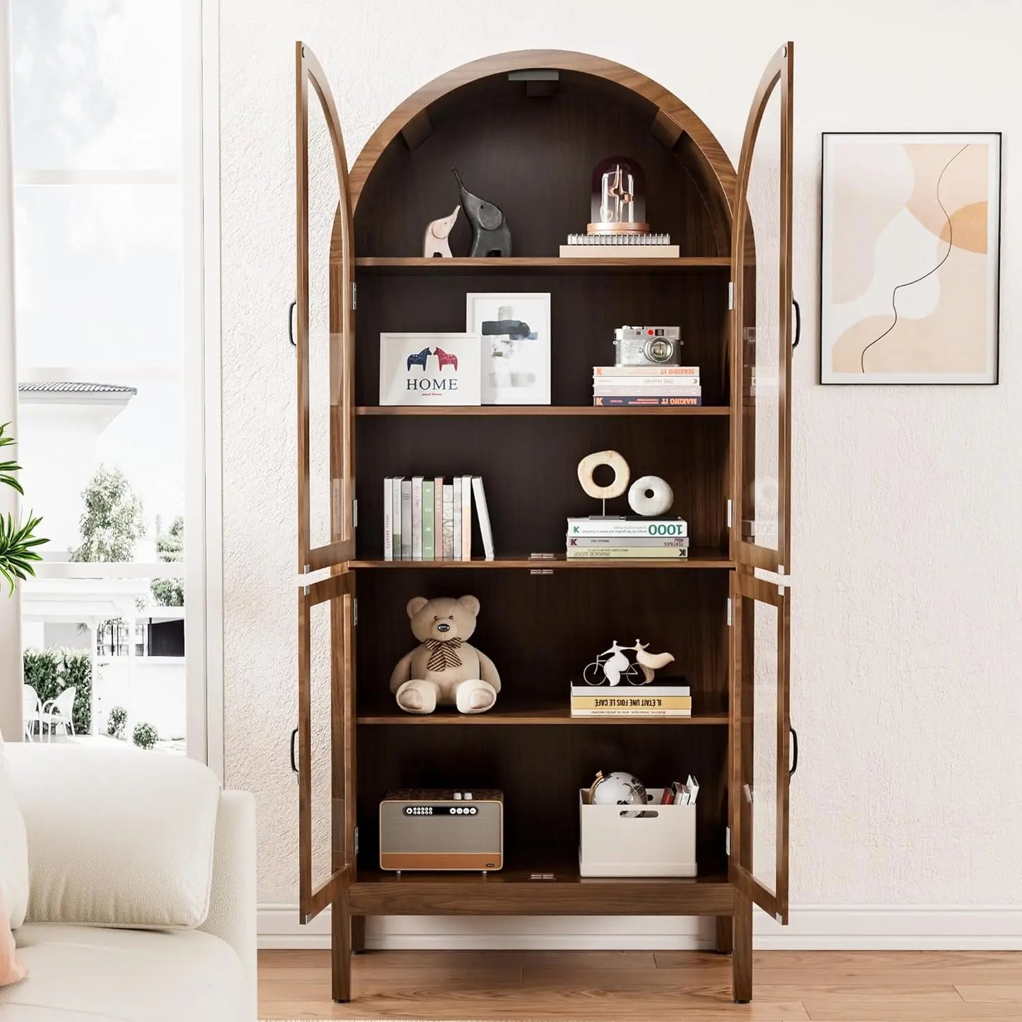 70.9'' Arched Kitchen Pantry Cabinet with Acrylic Glass Doors, 5-Tier Shelves, Walnut Finish
