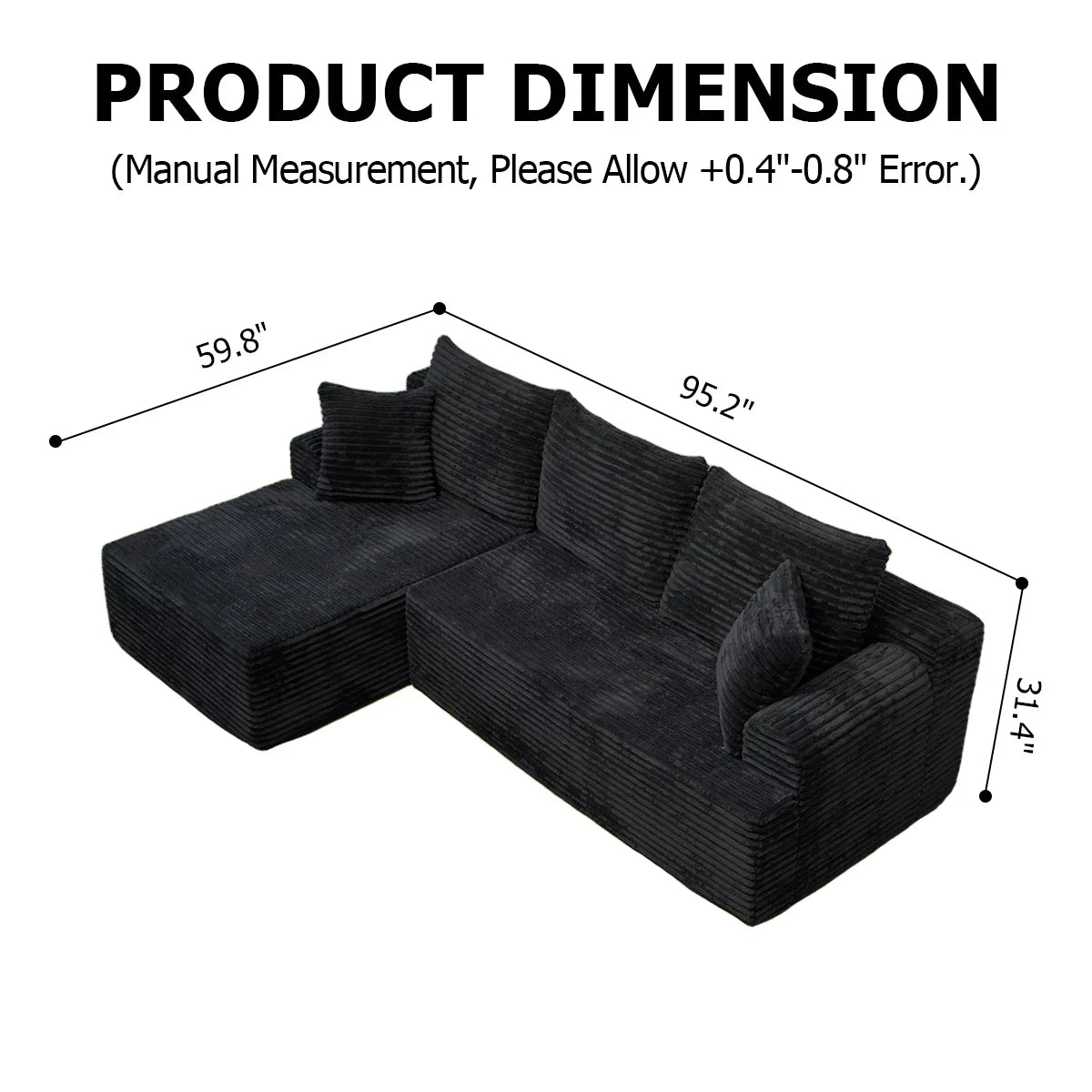 95" L-Shaped Sofa Chaise, Rabbit Fleece Upholstery, Ultra Soft & Comfortable, Ready to Use Out of the Box