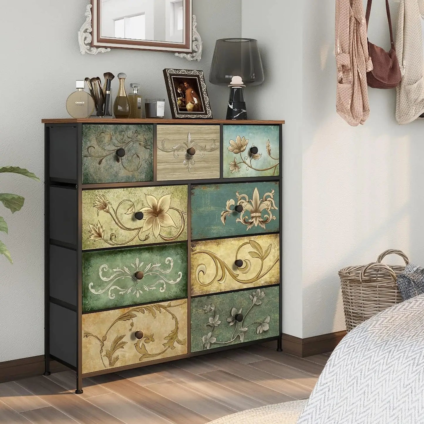 9-Drawer Floral Dresser with Wooden Top for Bedroom, Closet, Nursery, Living Room