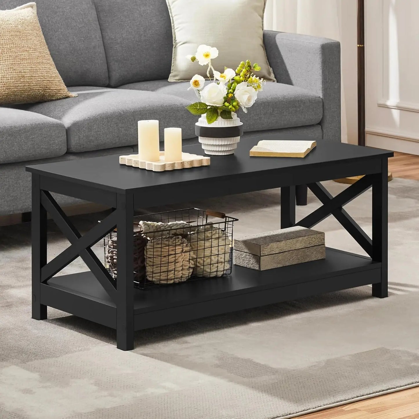 Wood 2-Tier Black Coffee Table with Storage Shelf for Living Room,
