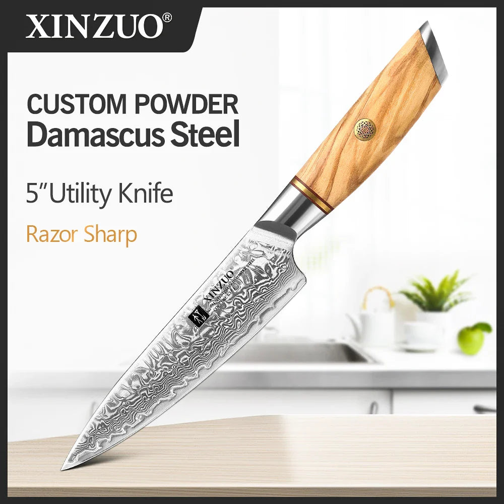 XINZUO 1-8pcs Kitchen Knife Set 73 Layers Custom Damascus Steel  with Olive Wood Handle