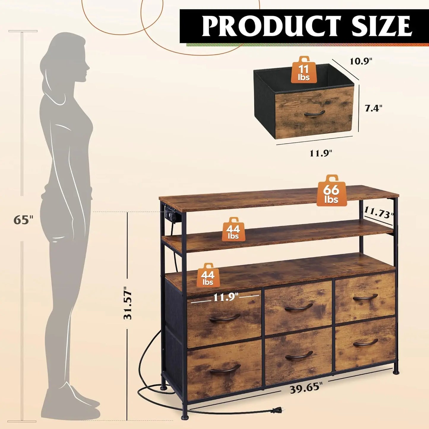 TV Stand for 40-45 Inch TVs with LED Lights, Charging Station,, Rustic Brown Entertainment Center