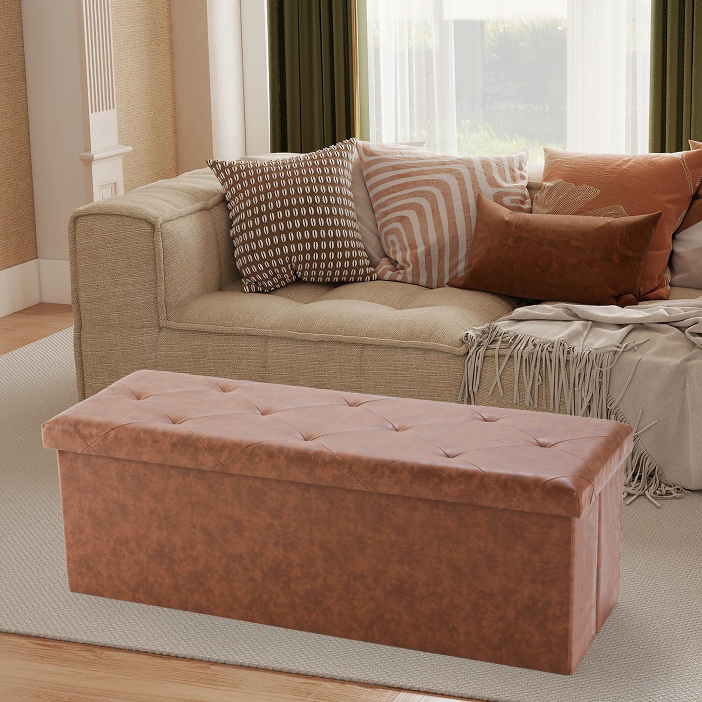 JHK 43 Inches Leather Folding Ottoman Storage Footstool For Living Room