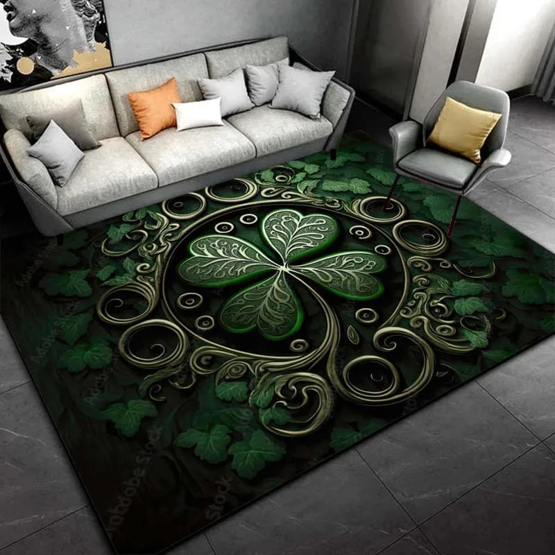 Elegant Shamrock Rug for Living Room -Celtic Knots and Green Leaves Design,