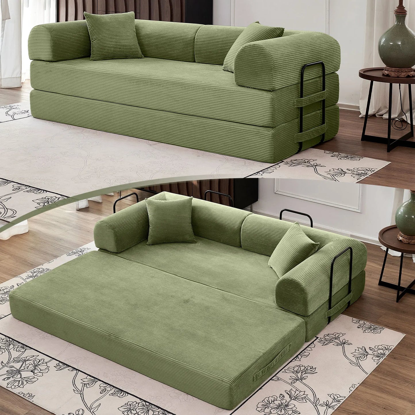 79" Convertible Sofa Bed with Fixed-Shape Frame & Removable Armrests, Modular Corduroy