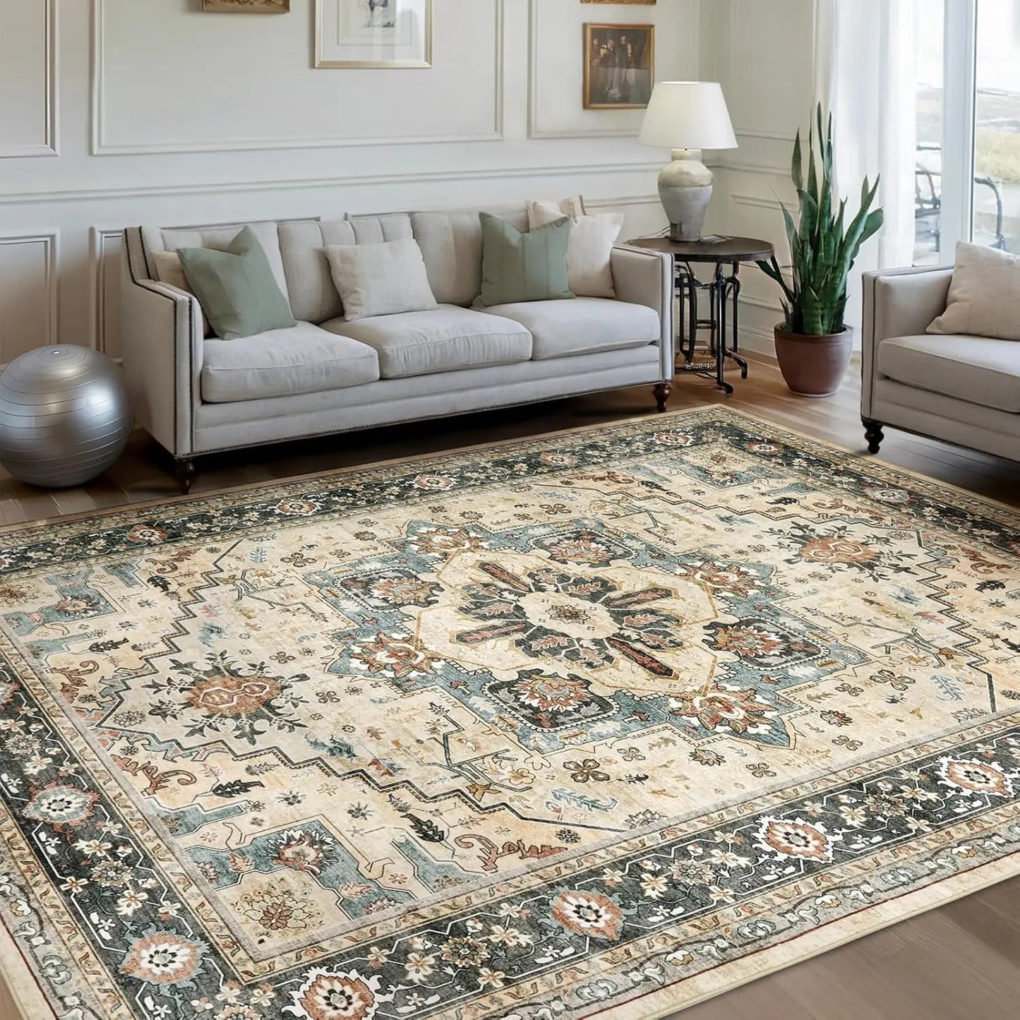 Traditional PersianPattern Carpet Style Floor Mat Blue and White