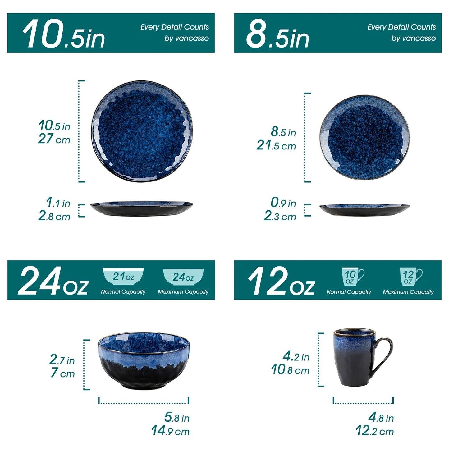 vancasso 16/32/48-Piece Starry Blue Dinner Set with Dinner Plate,Dessert Plate,Bowl,Mug