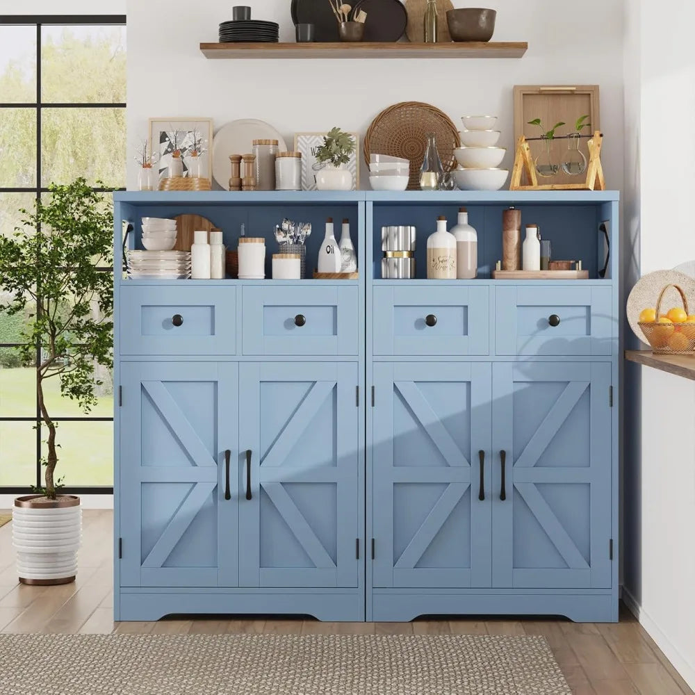 Farmhouse Blue Storage Cabinet with Barn Doors & Drawers, Kitchen Pantry Organizer for Home