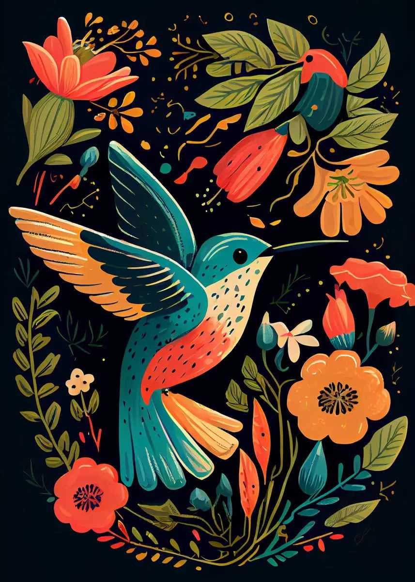 Watercolor Hummingbird Flower Wall Art