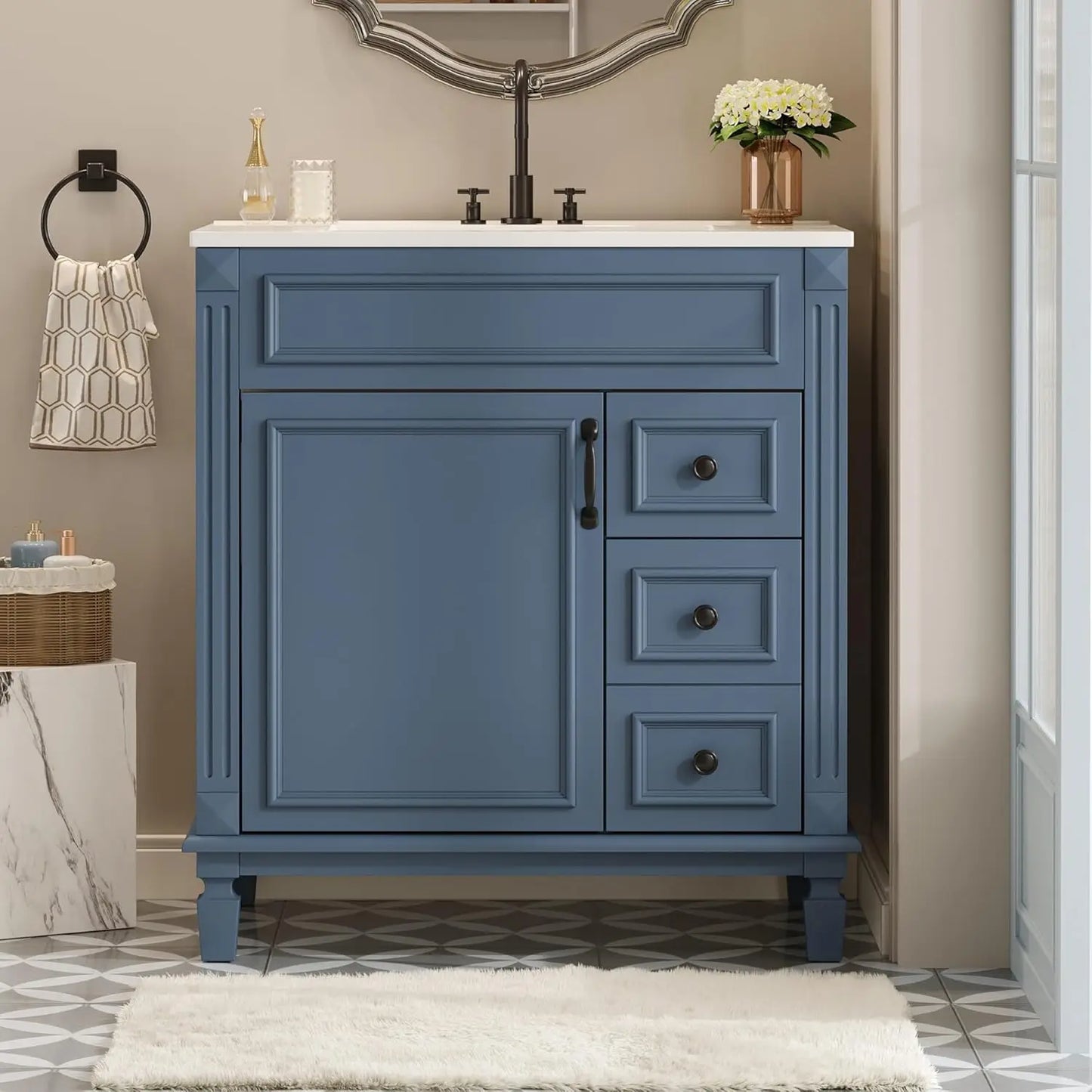 30" Bathroom Vanity with Sink Modern Storage Cabinet Single Door Two Drawers Solid Wood Frame