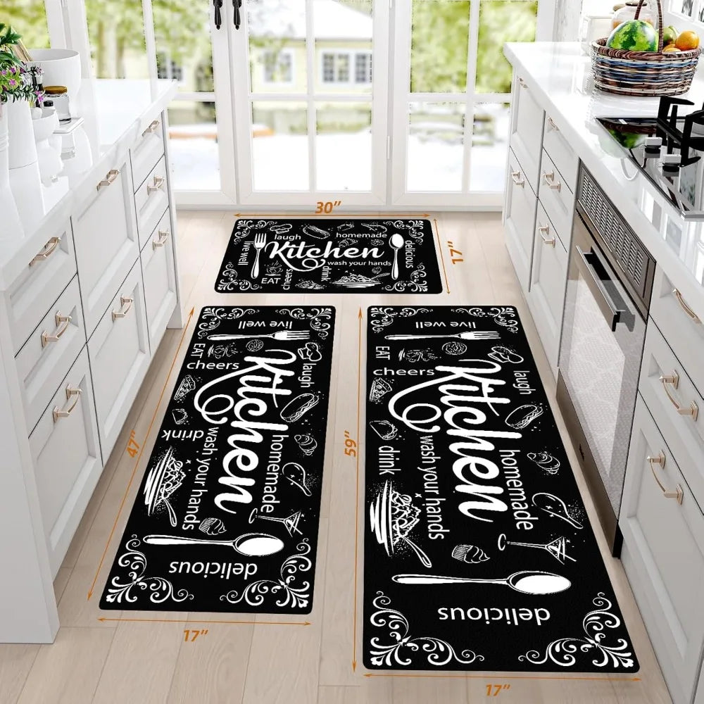 Kitchen Mats for Floor, Sets of 3, Black Farmhouse