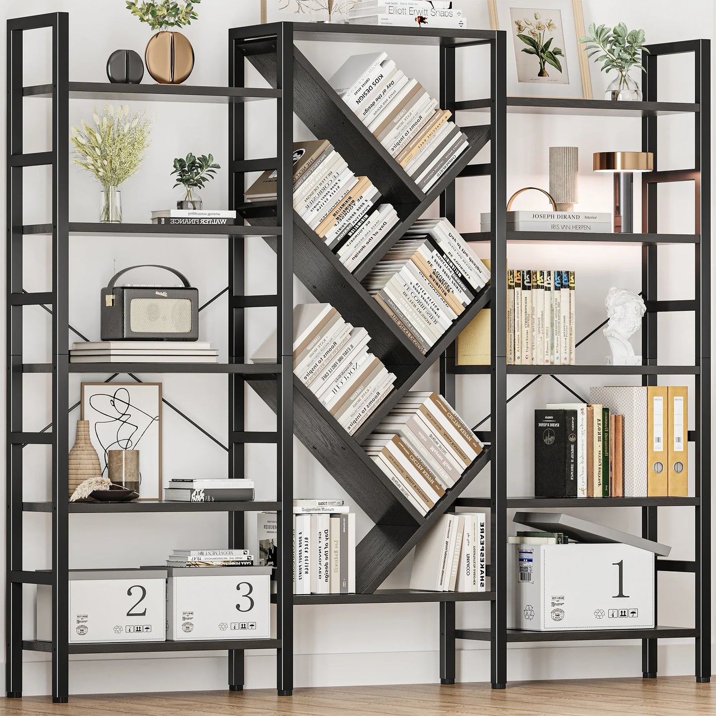 Triple 5 Tier Bookshelf, Large Wooden Bookcase with 17 Open Display Shelves Metal Frame