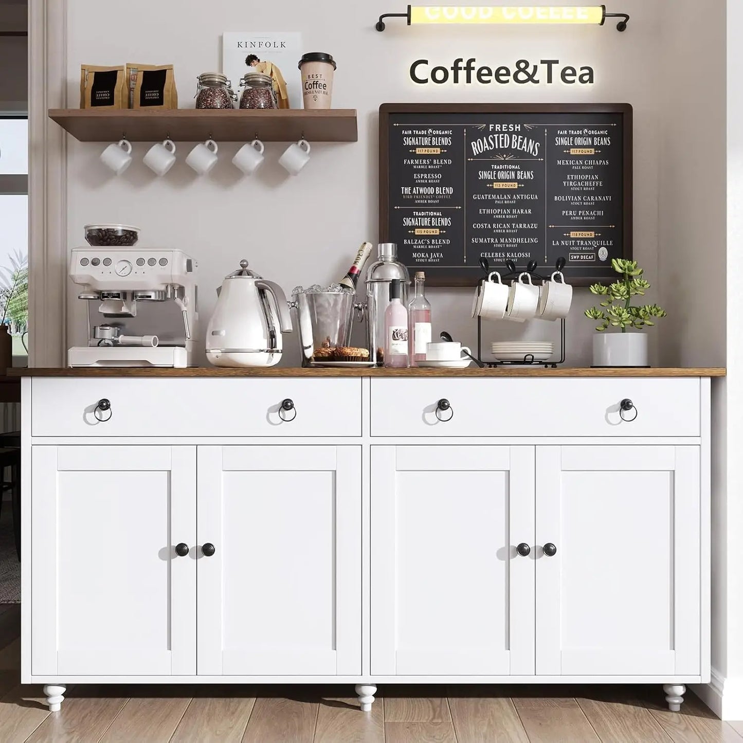 Buffet Cabinet with Storage, 55'' Large Farmhouse Cabinet with 2 Drawers and 4 Doors