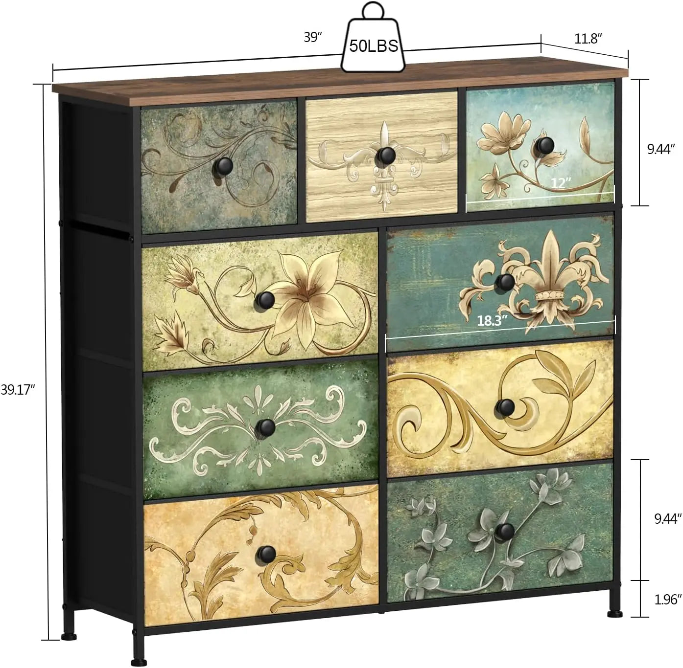 9-Drawer Floral Dresser with Wooden Top for Bedroom, Closet, Nursery, Living Room
