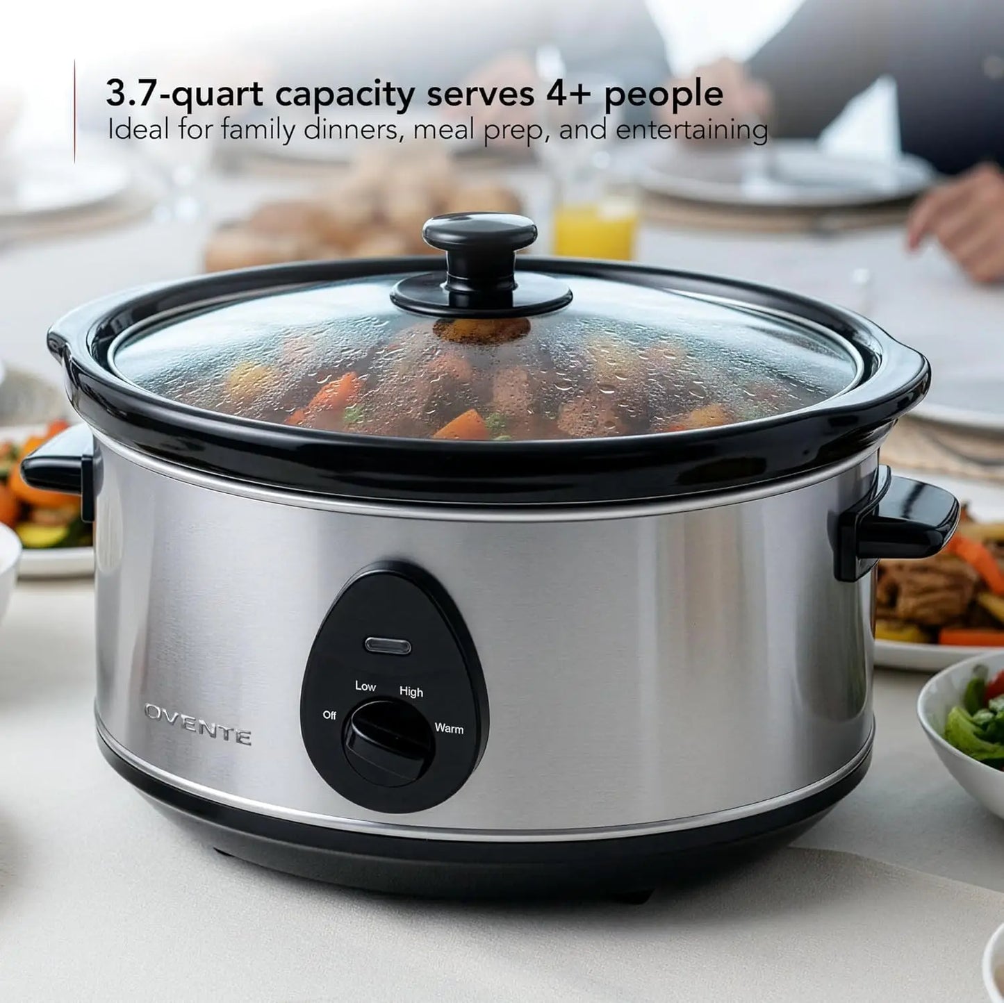 Electric Slow Cooker with 3 Cooking Settings, Non-Stick and Dishwasher Safe Stoneware, StainlSteel