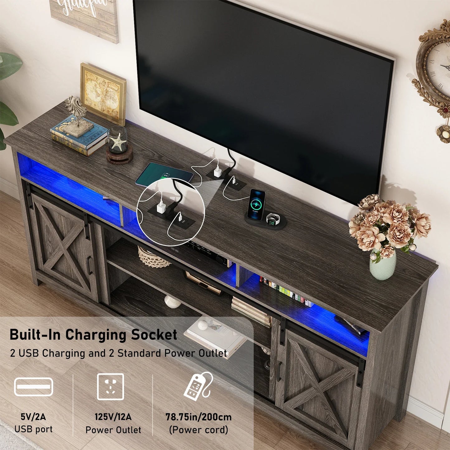 TV Stand Farmhouse Coffee Bar Cabinet Rustic Sliding Barn Door Cabinet with Power Outlet & LED Light
