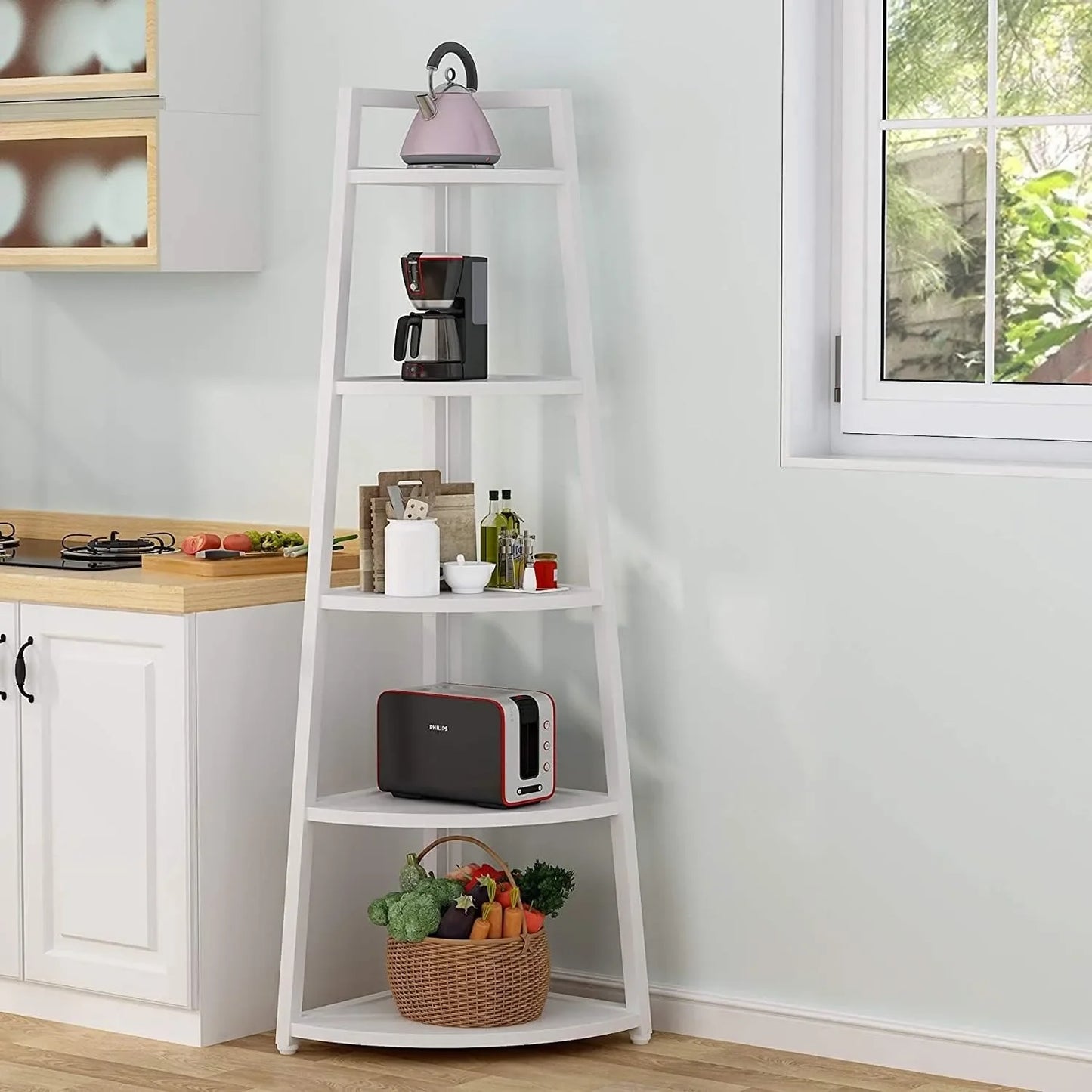 5 Tier Corner Bookshelf and Bookcase, 70 inch Tall Corner Shelves Standing Unit Indoor Plant Stand for Living Room (White)