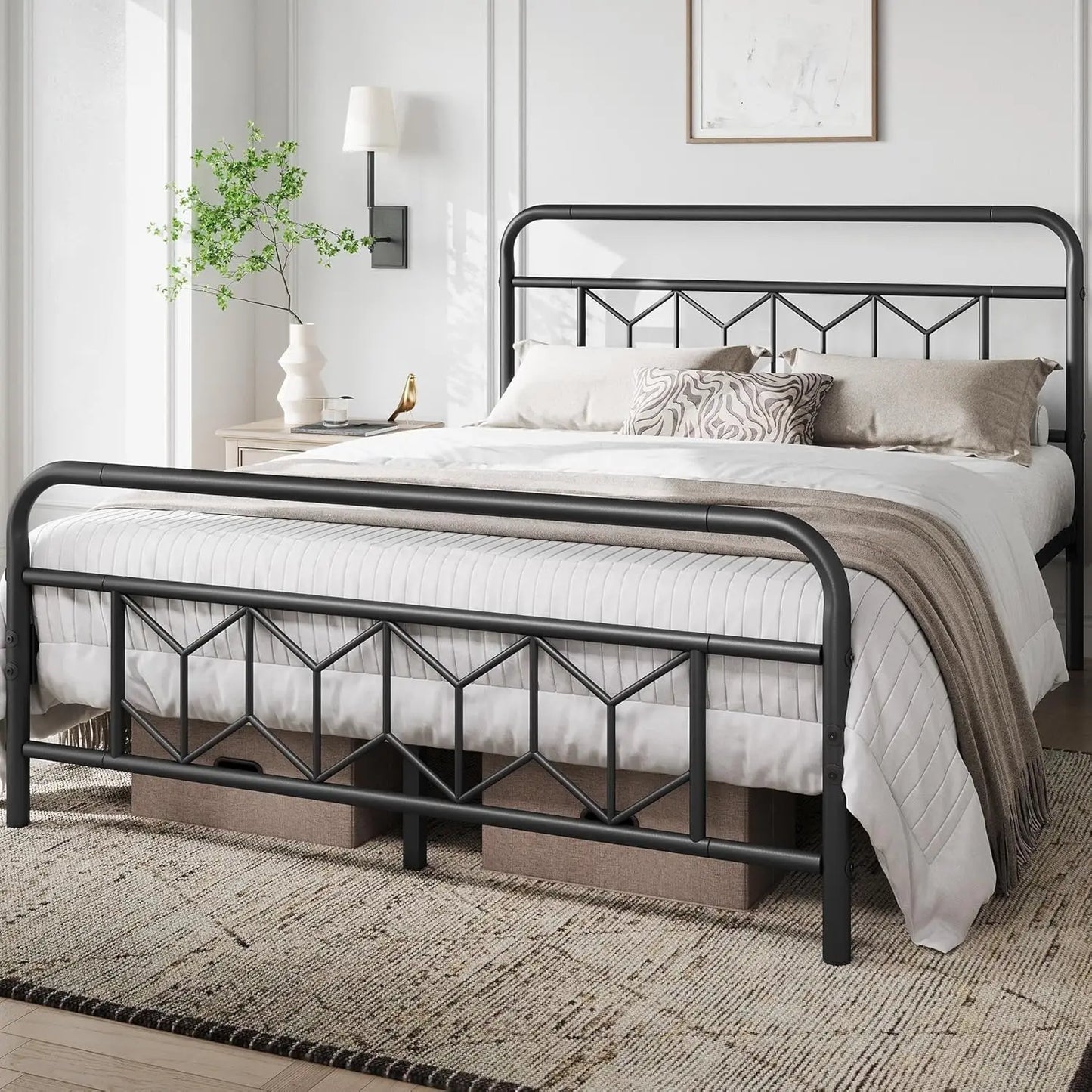 Queen Size Metal Platform Bed Frame with Headboard, Under Bed Storage, No Box Spring Needed
