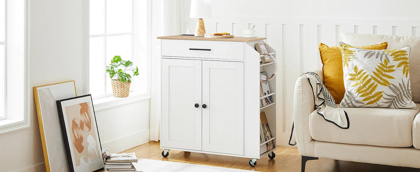 Rolling Kitchen Island with Power Outlet Spice Rack & Drawer Natural & White