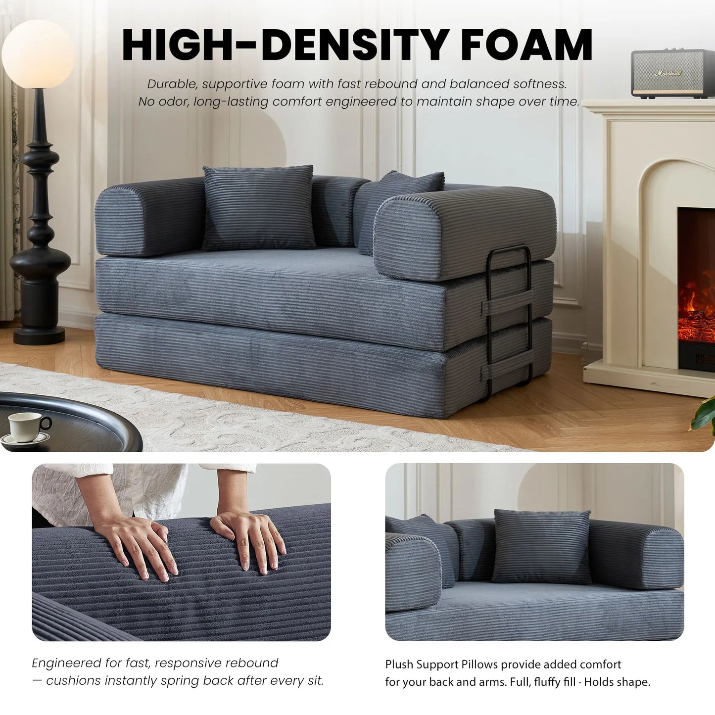 79" Convertible Sofa Bed with Fixed-Shape Frame & Removable Armrests, Modular Corduroy