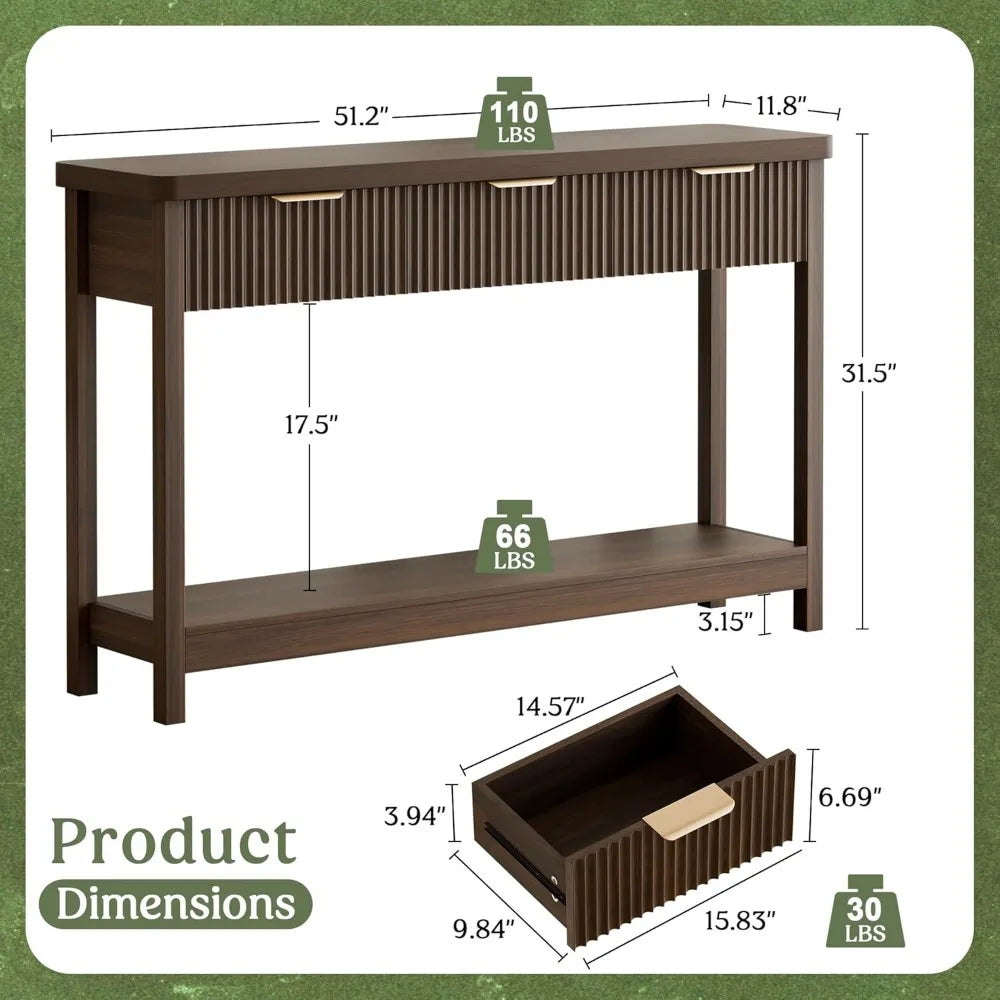 51 Fluted Console Table for Entryway,  with 3 Wooden Drawers,  Behind Sofa Table for Living Room,