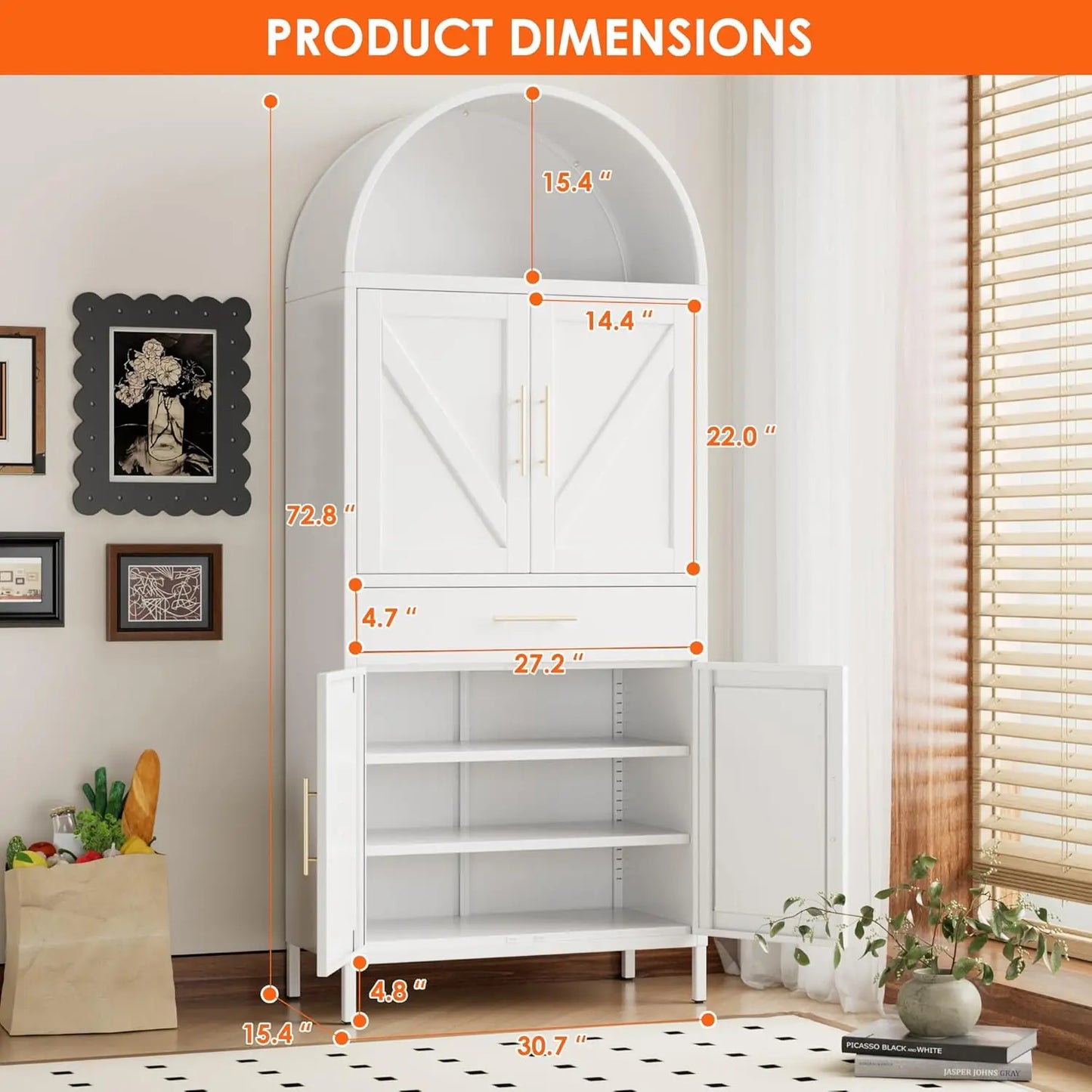 73" White Arched Pantry Cabinet with Drawer, Adjustable Shelves for Kitchen Living Room Storage