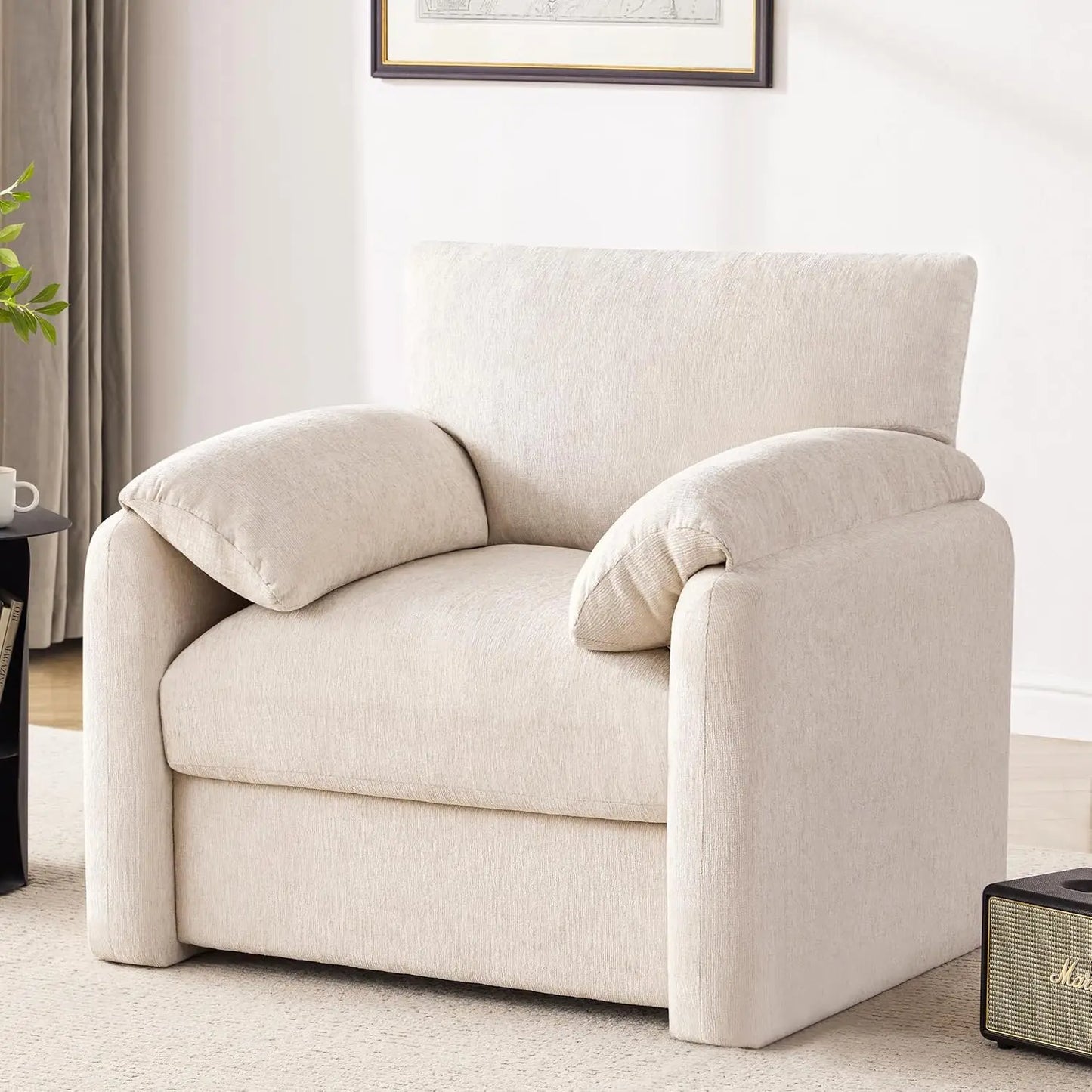 38.6in Chenille Oversized Armchair Mid-Century Upholstered Living Room Bedroom Beige