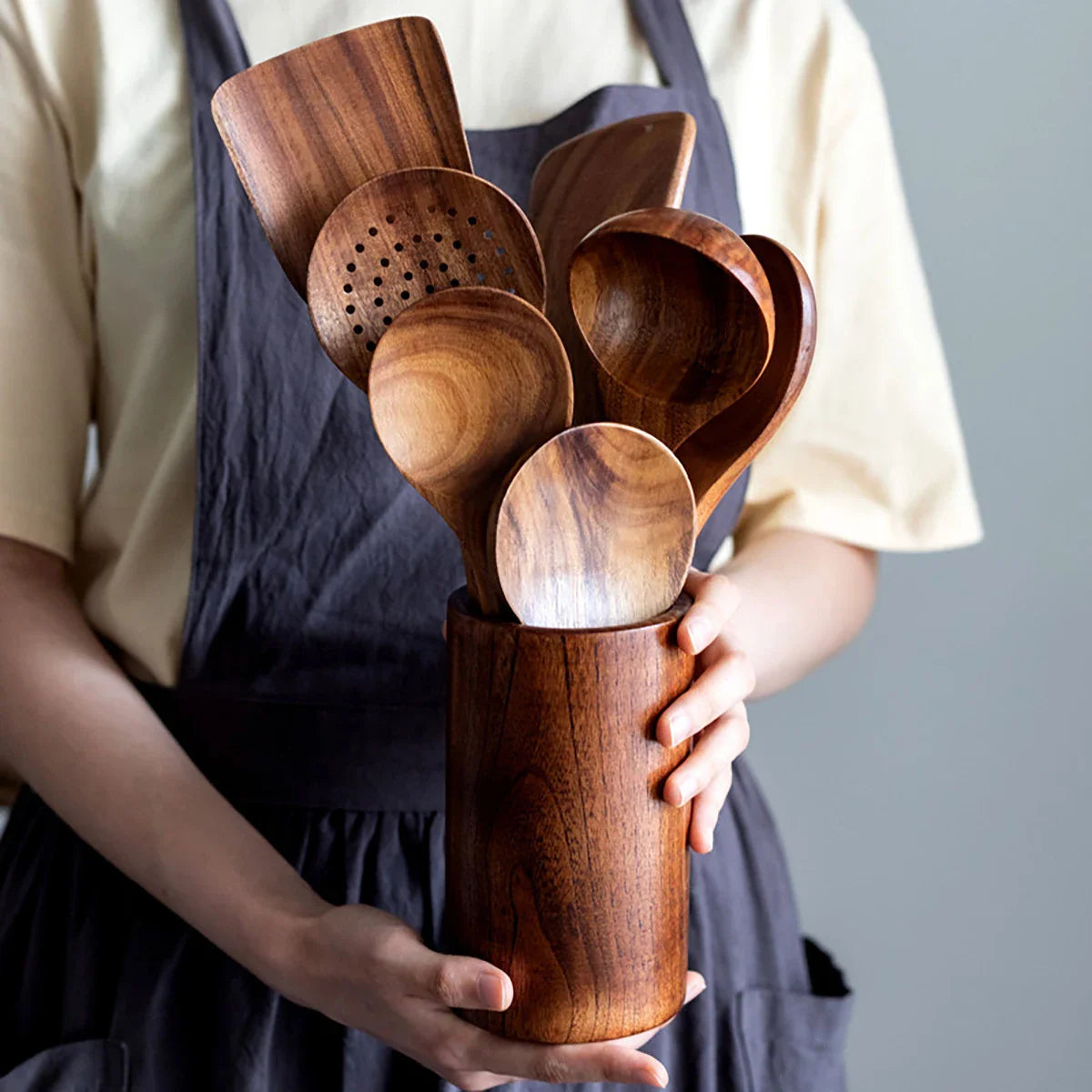 Wood Kitchenware Cooking Set Household Spatula Spoon Set Salad Spoon Fork Stirring Spoon With storage bucket