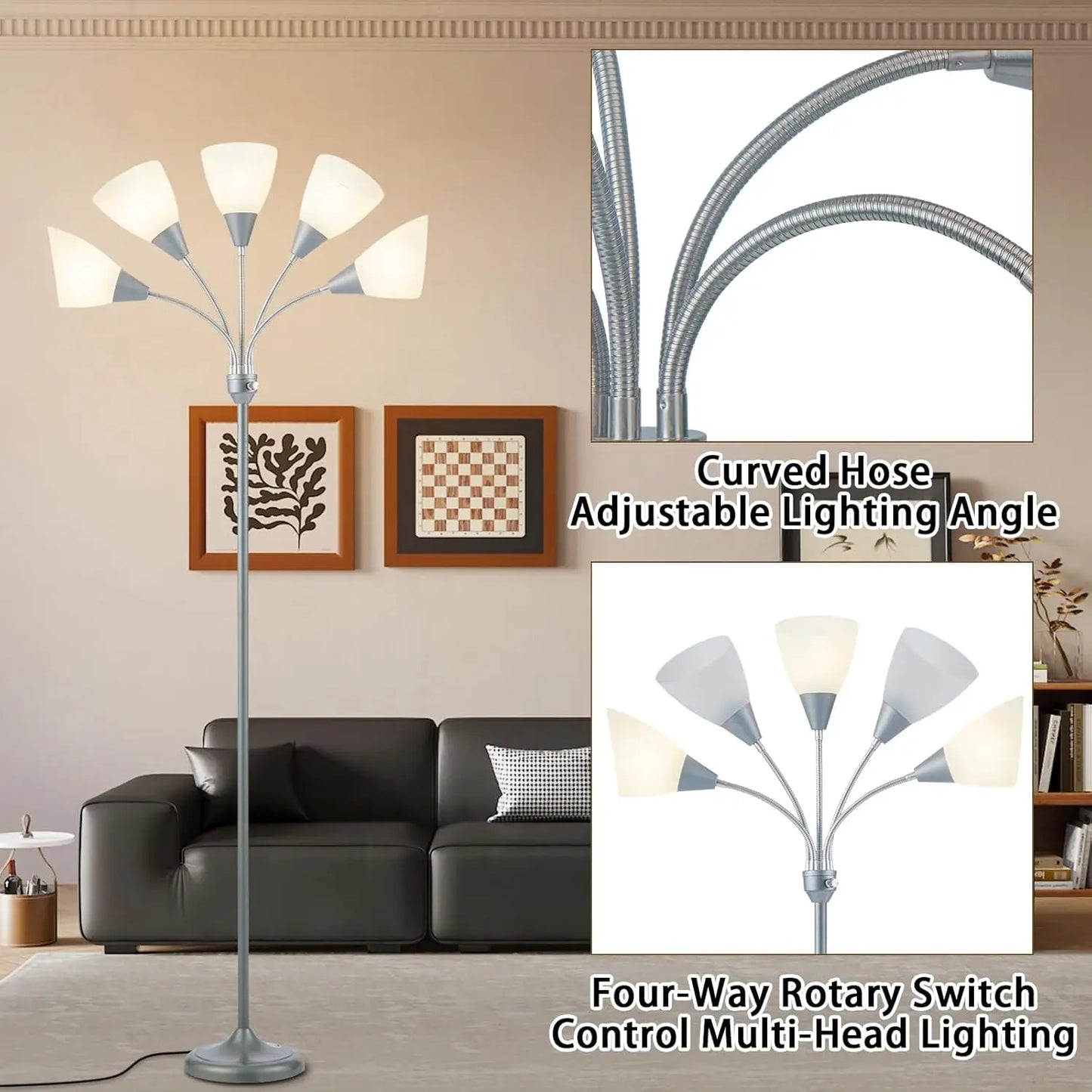Medusa 5-Head Adjustable Floor Lamp, Large Shade, Silver, Living Room Bedroom Reading Light
