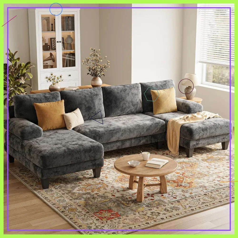 112 Inch U-Shaped Sectional Sofa, Dark Grey Chenille Fabric, Double Chaise for Living Room