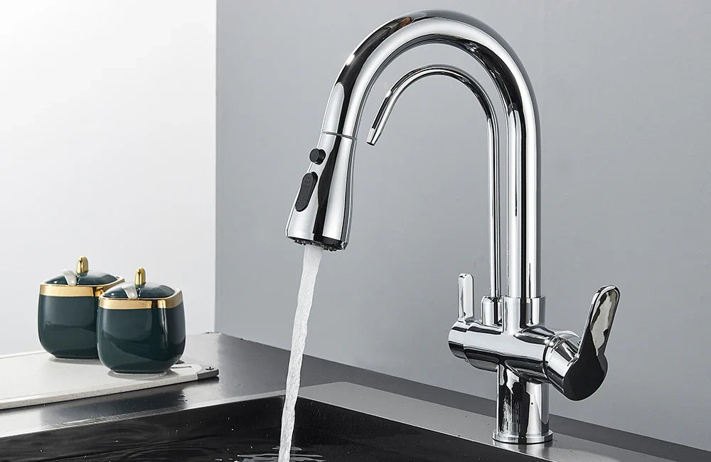 Quyanre Matte Black Filtered Crane For Kitchen Pull Out Spray 360 Rotation Water Sink Mixer Kitchen Faucet